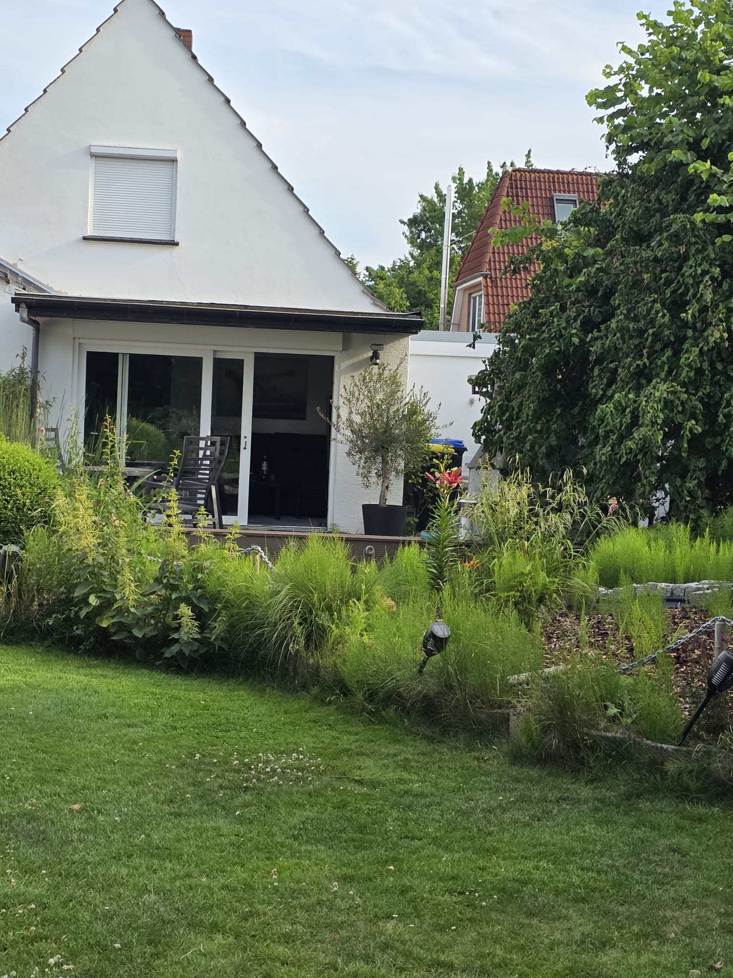 Rasen, Baum und sauberes weißes Haus nach Arbeit von Casa Dienstleistungen.
